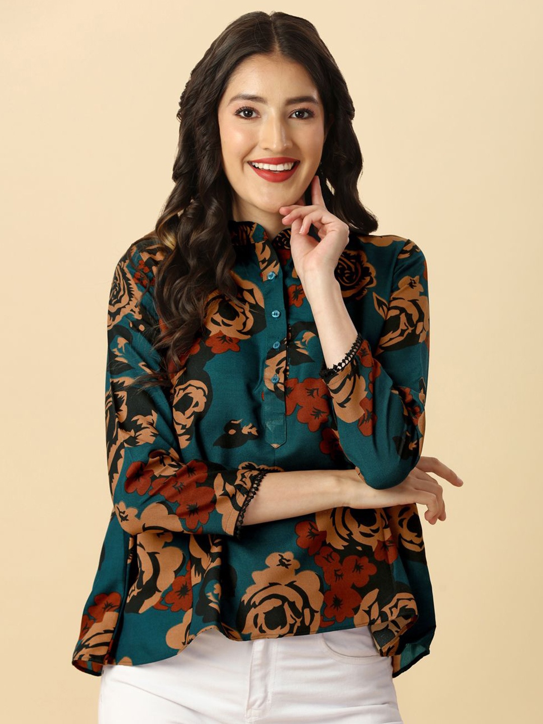 

RIEKA Floral Print Mandarin Collar Top, Teal