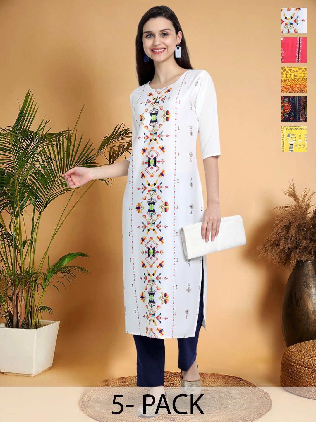 

7Threads Selection Of 5 Ethnic Motifs Printed Straight Kurtas, White