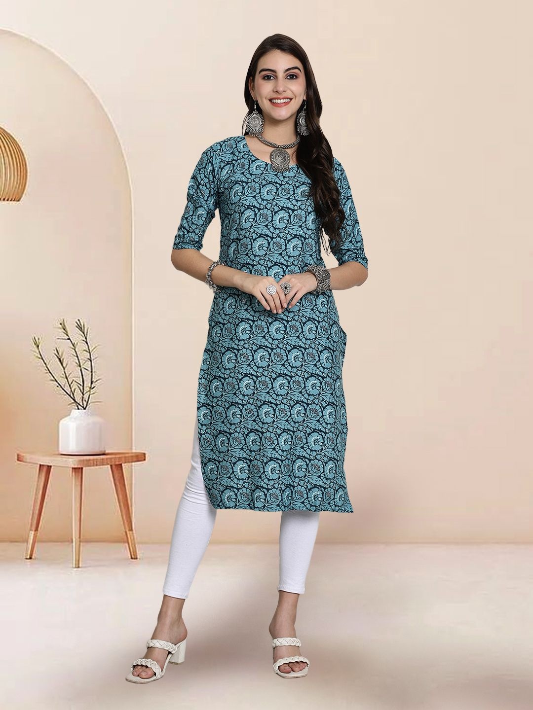 

7Threads Selection Of 3 Floral Printed Round Neck Straight Kurtas, Navy blue