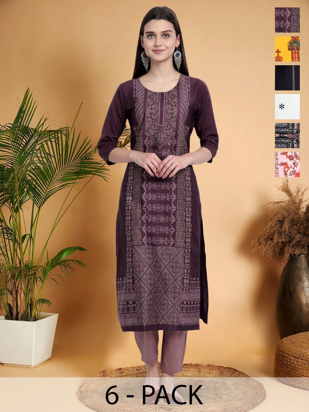 

7Threads Selection Of 6 Geometric Printed Round Neck Straight Kurtas, Burgundy