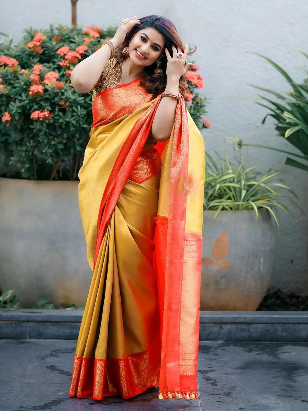

A TO Z CART Woven Design Zari Silk Blend Banarasi Saree, Yellow