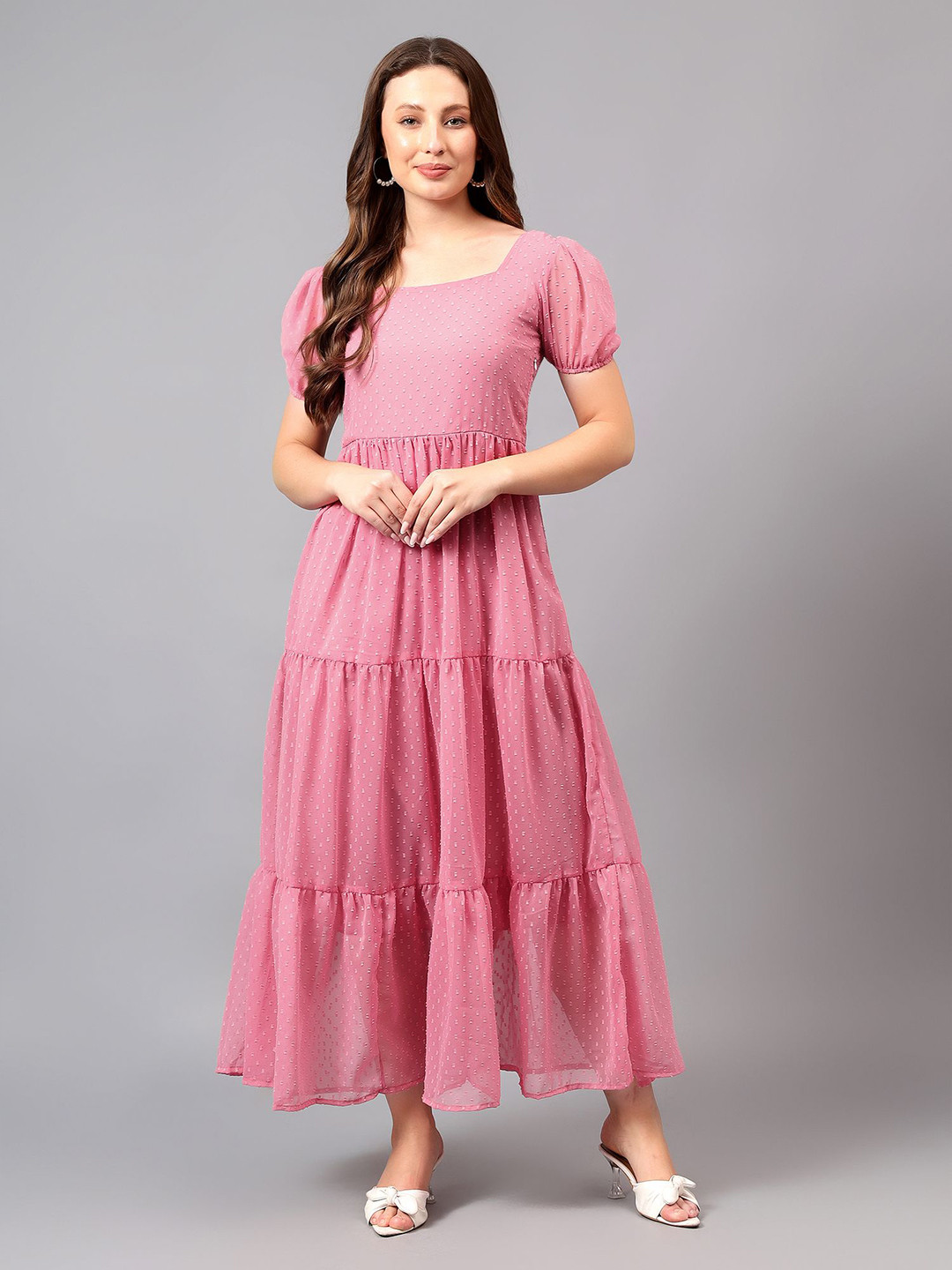 

Bright Nex Puff Sleeve Georgette Fit & Flare Maxi Dress, Pink