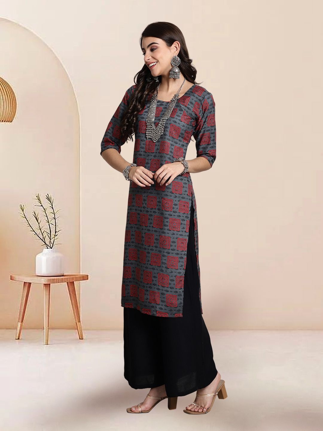 

7Threads Selection Of 3 Geometric Printed Round Neck Straight Kurtas, Red
