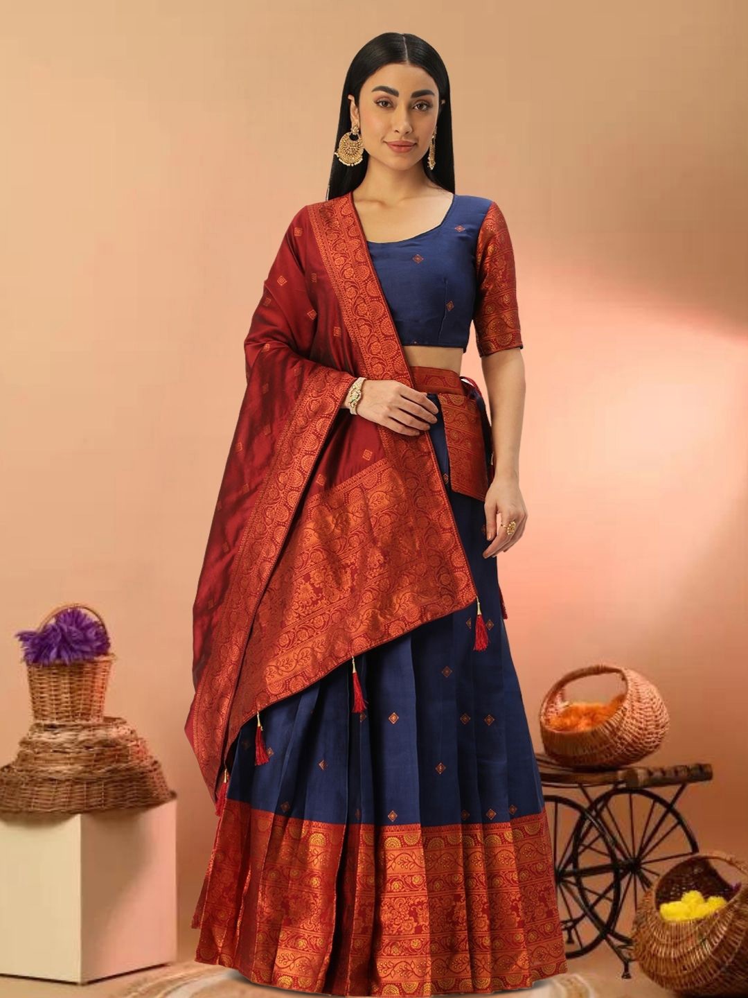 

MAGMINA Woven Design Zari Semi-Stitched Lehenga & Unstitched Blouse With Dupatta & Belt, Blue