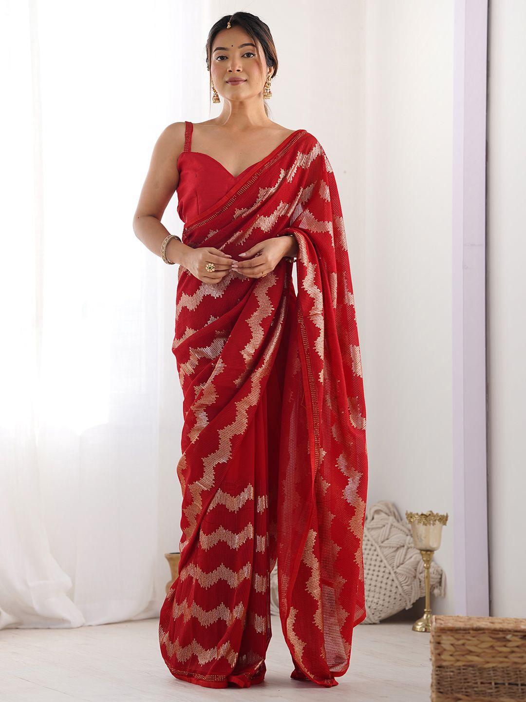 

Panzora Striped Sequinned Poly Georgette Designer Saree, Red