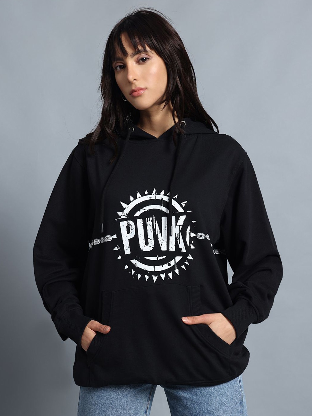 

PUNK Women Printed Hooded Sweatshirt, Black