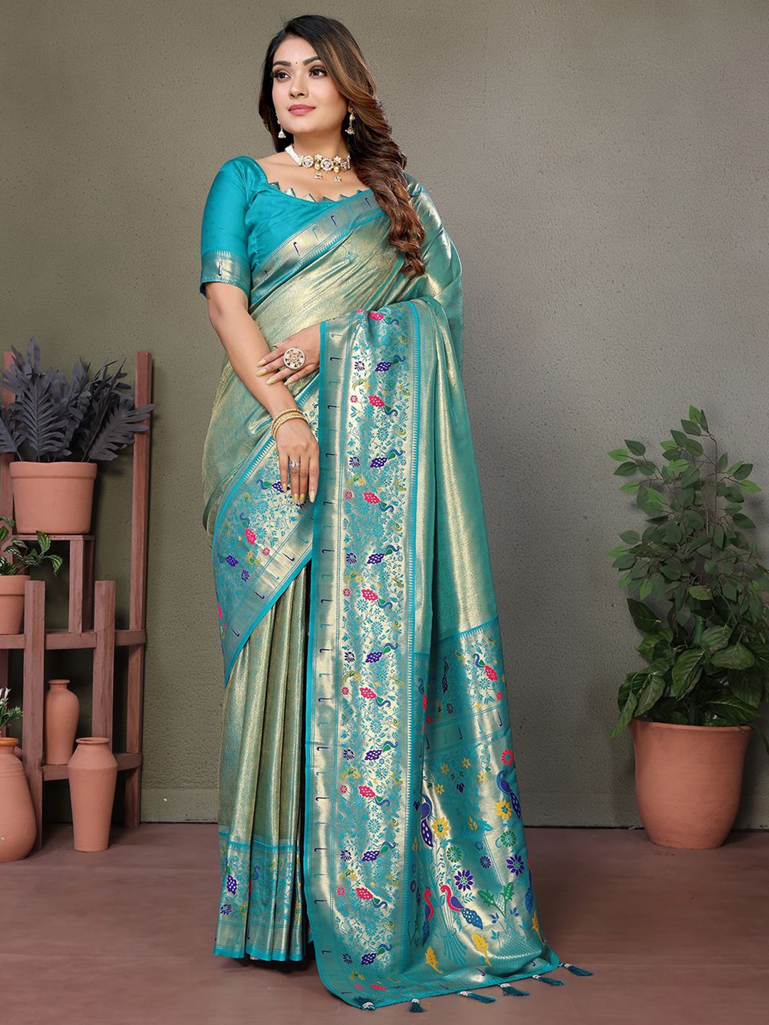 

Panzora Woven Design Zari Silk Blend Banarasi Saree, Blue