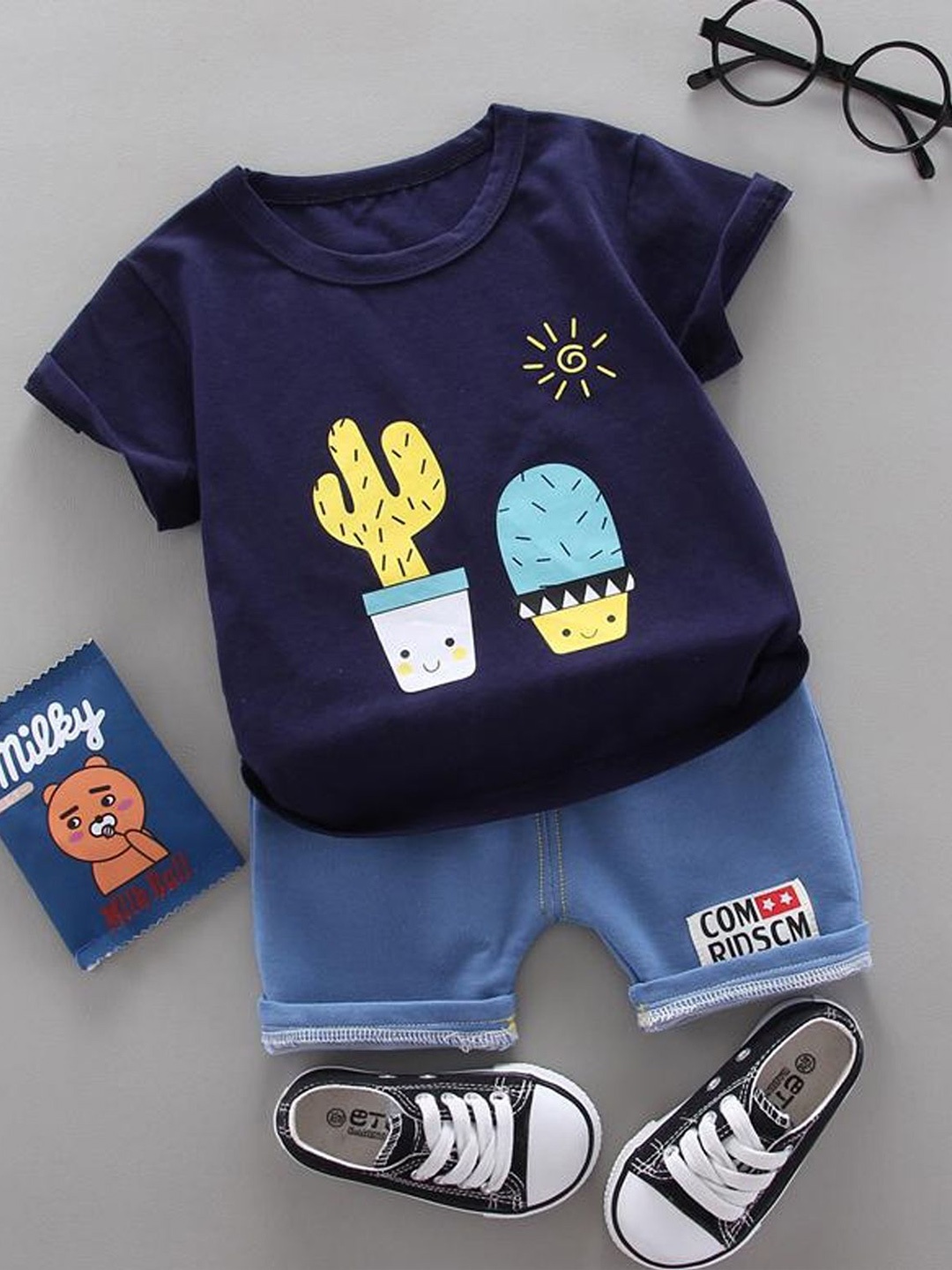 

BILLYBALL Unisex Kids Printed Round Neck Pure Cotton T-Shirt With Shorts, Navy blue
