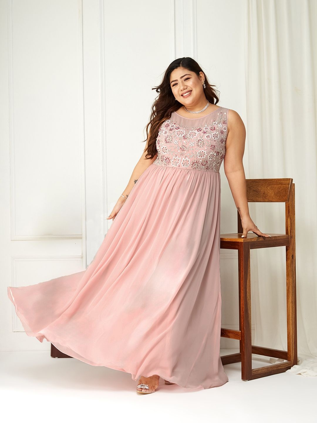 

Miss Chase A+ Embroidered Georgette Fit & Flare Maxi Dress, Pink