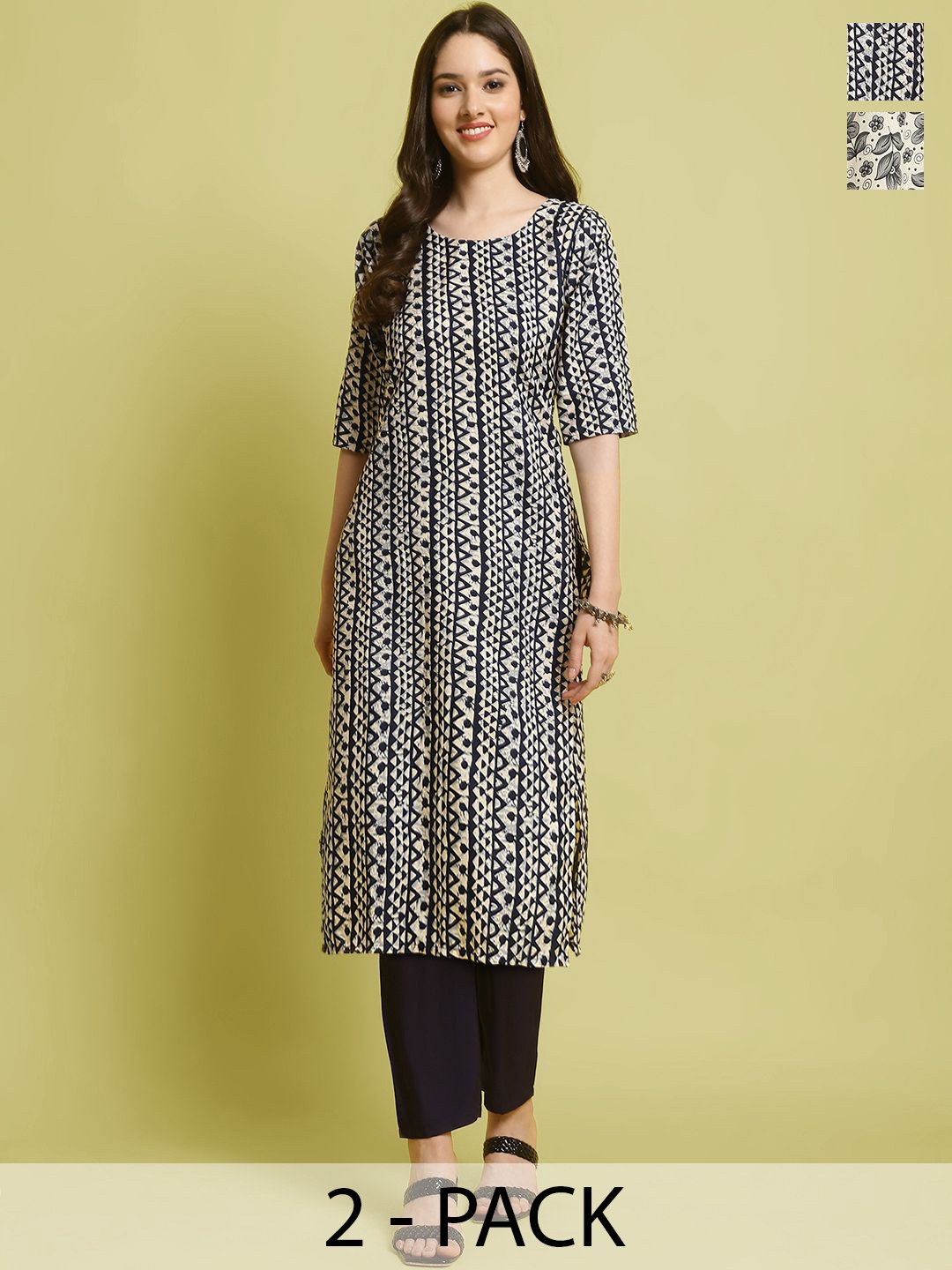 

7Threads Selection Of 2 Geometric Printed Round Neck Straight Kurta With Trousers, White