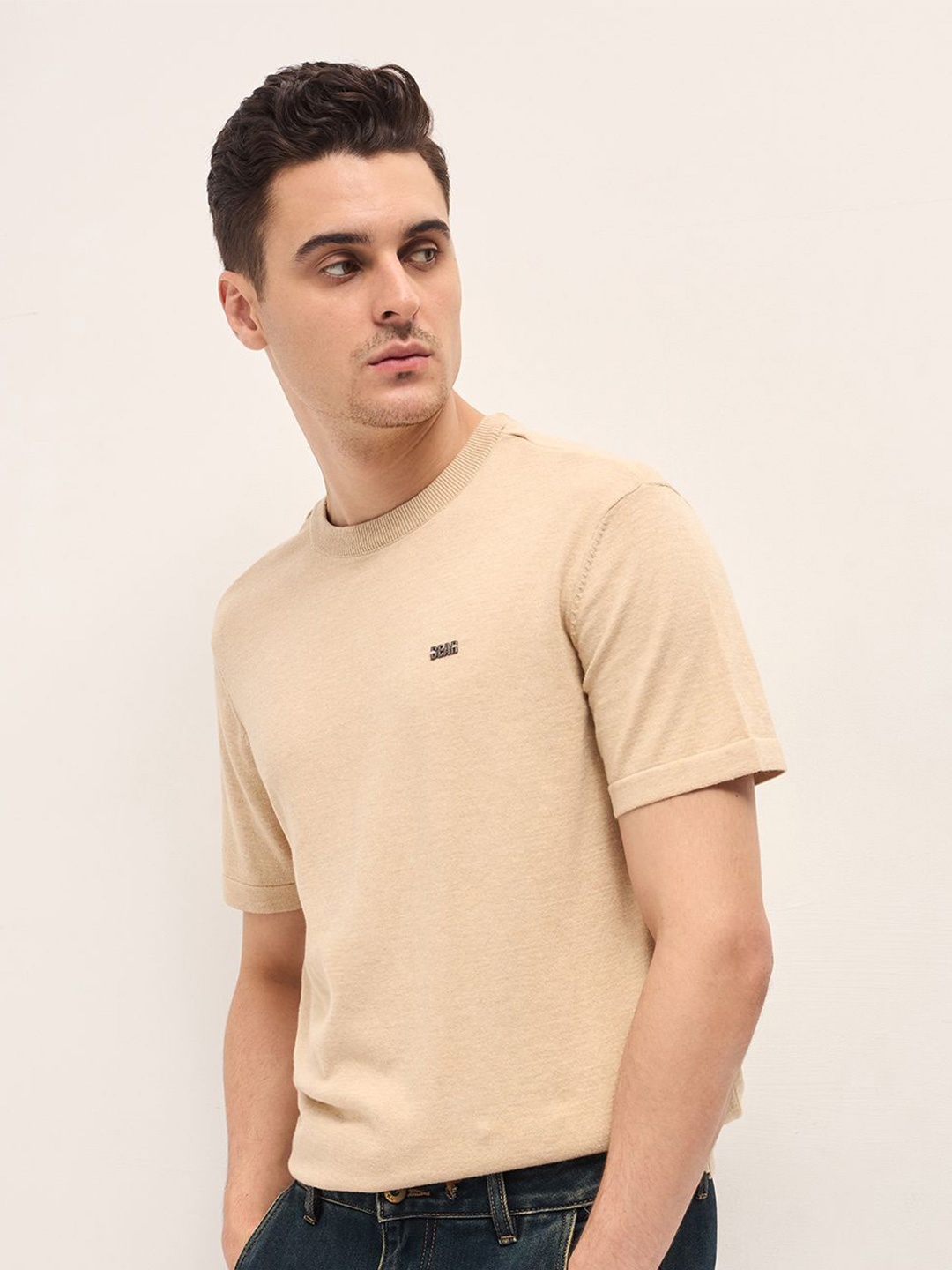 

THE BEAR HOUSE Men Solid Round Neck Cotton T-shirt, Beige