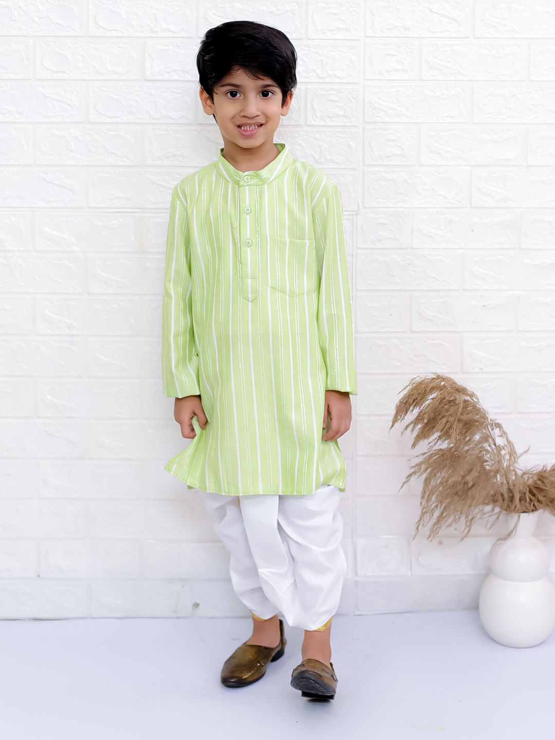 

Twisha Boys Striped Full Sleeve Kurta & Dhoti Pant Set, Lime green