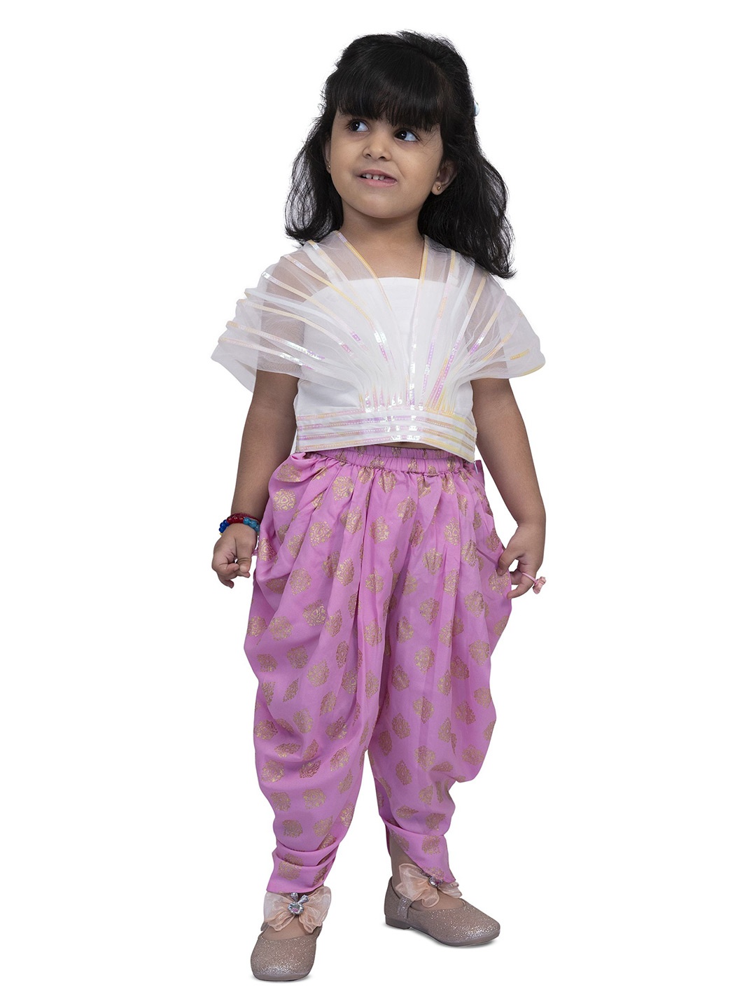 

Twisha Girls Embellished Shoulder Straps Neck Top With Dhoti Pant, White