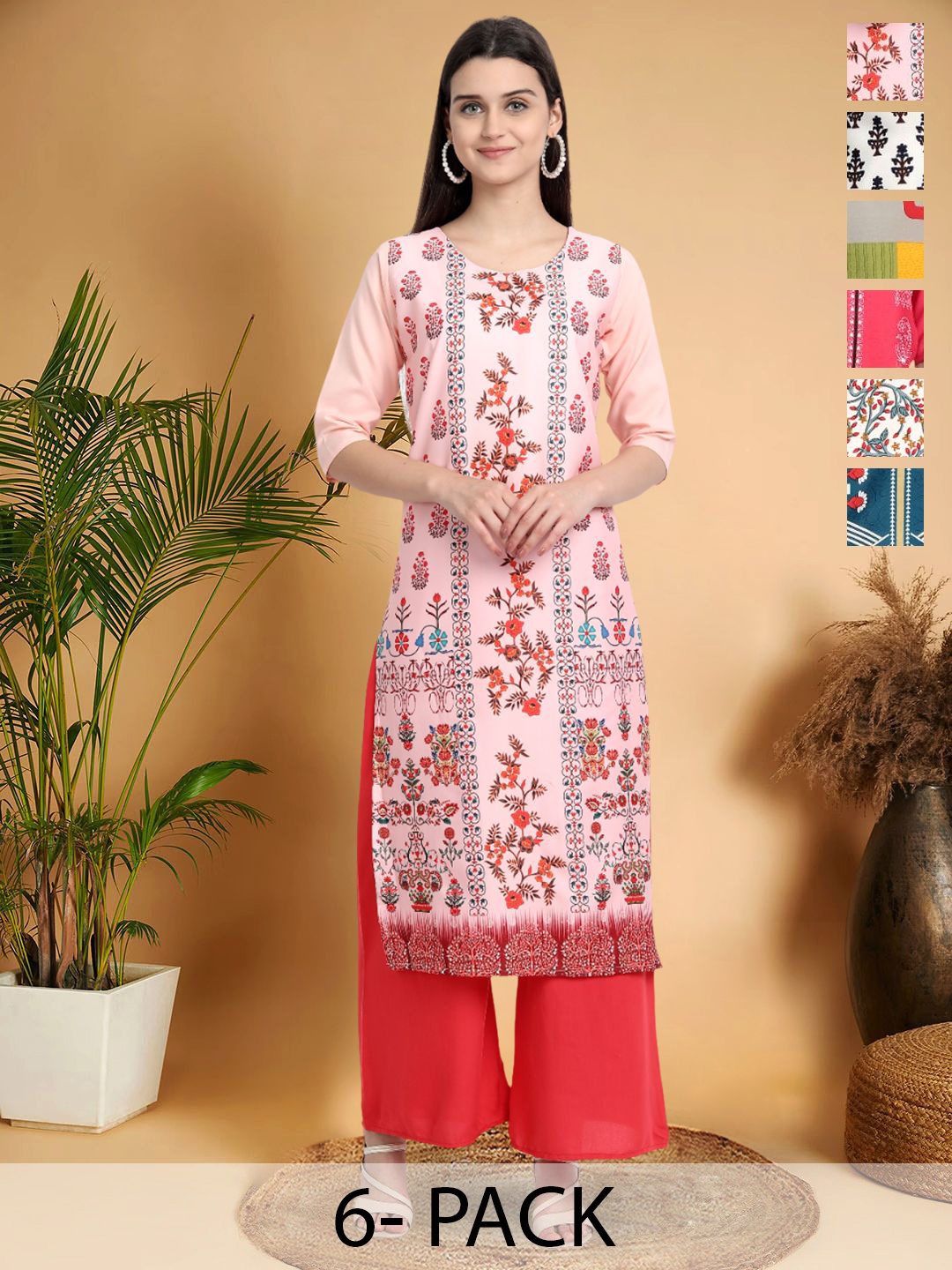 

7Threads Selection Of 6 Floral Printed Round Neck Kurtas, Peach