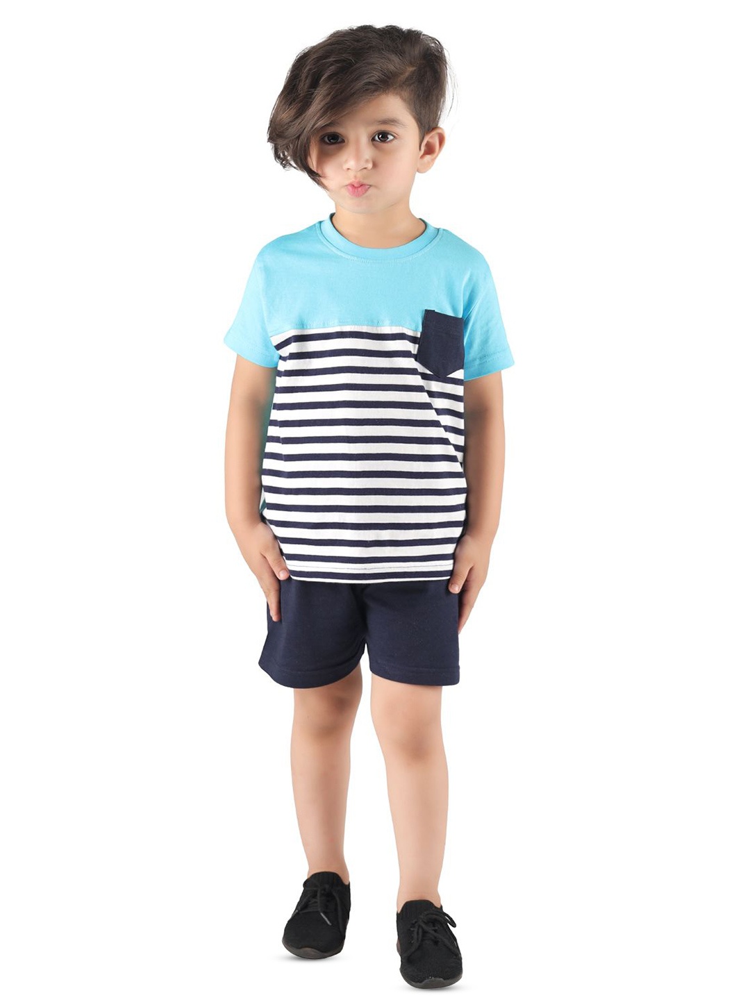 

BILLYBALL Unisex Kids Striped Round Neck Pure Cotton T-Shirt With Shorts, Blue