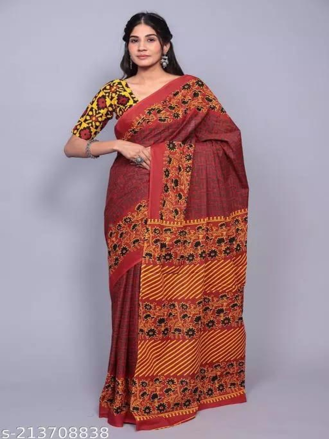 

JALTHER Pure Cotton Block Print Saree, Maroon