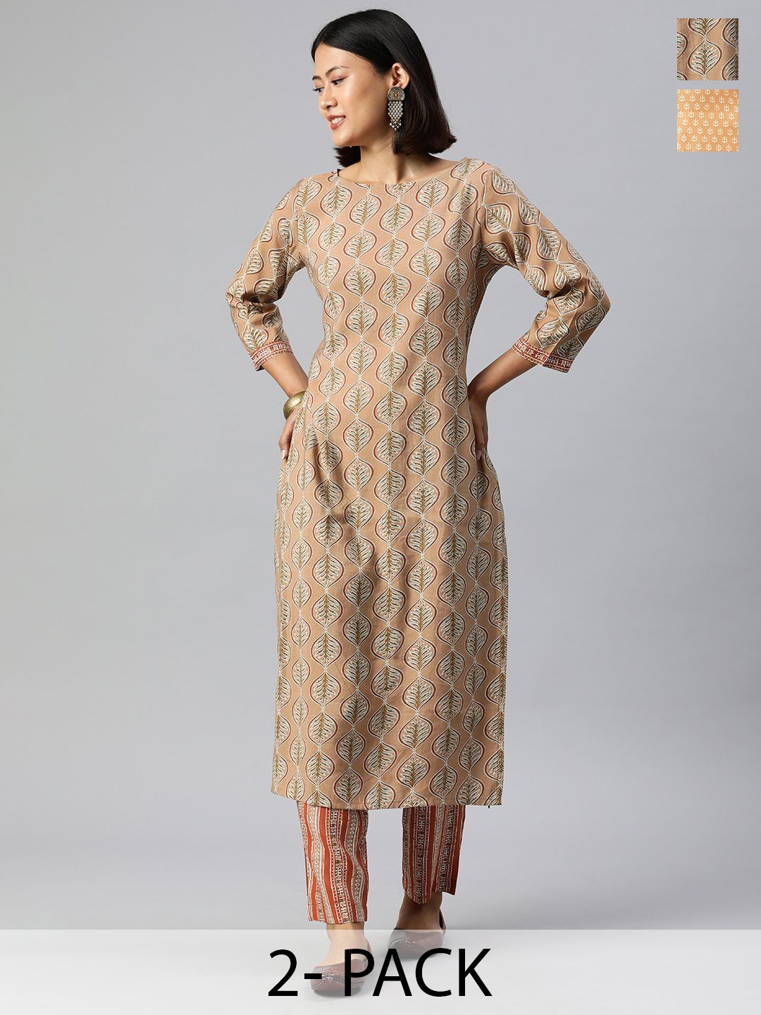 

KALINI Selection Of 2 Ethnic Motifs Printed Straight Kurtas With Trousers, Brown