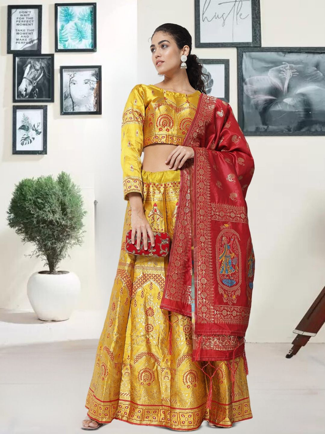 

MAGMINA Woven Design Zari Jacquard Semi-Stitched Lehenga & Unstitched Blouse With Dupatta, Yellow