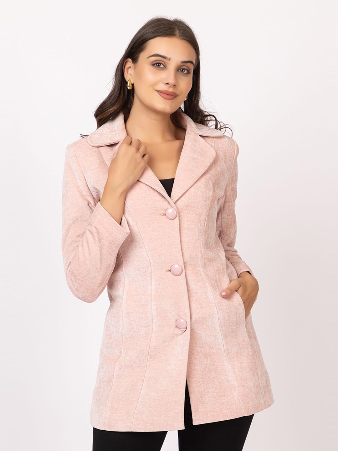 

TWENTY ME Single Breasted Full Sleeve Button Down Winter Wear Overcoat, Pink