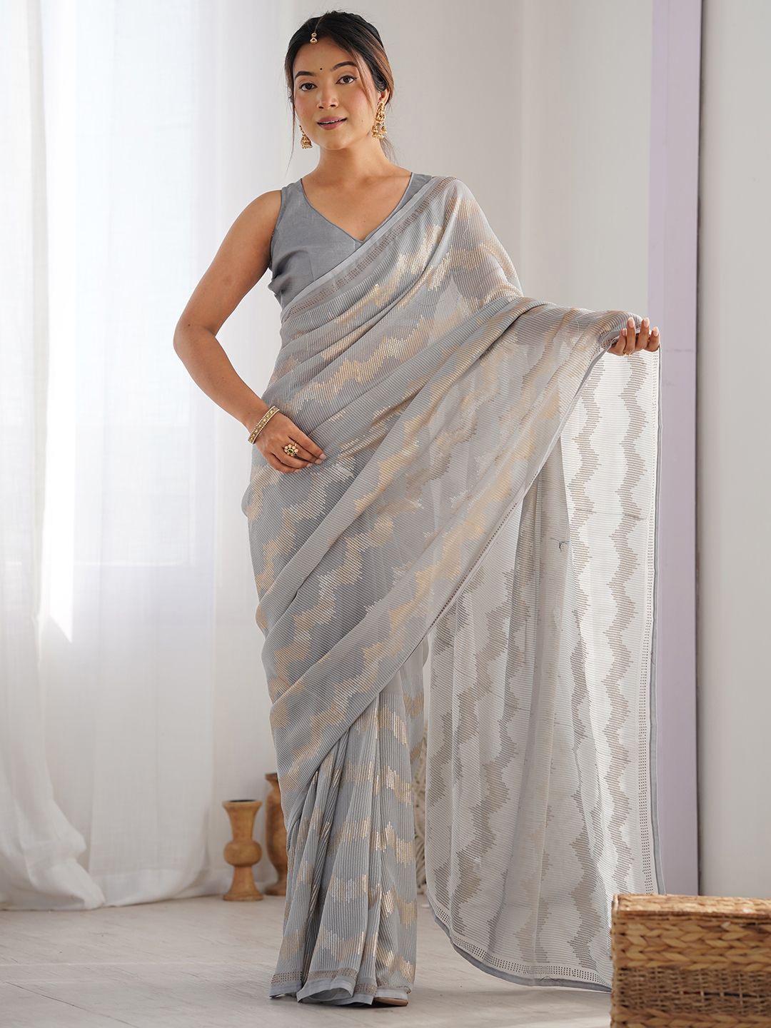 

Panzora Striped Sequinned Poly Georgette Designer Saree, Grey