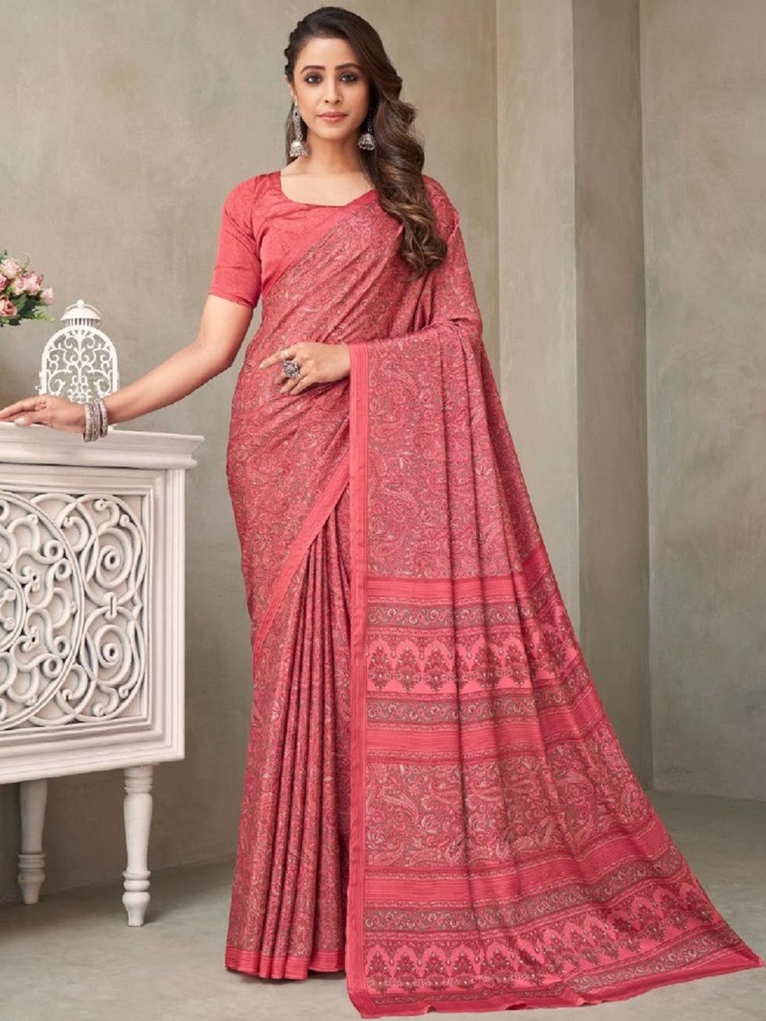 

DURGA EMPORIO Ethnic Motifs Printed Pure Crepe Saree, Pink