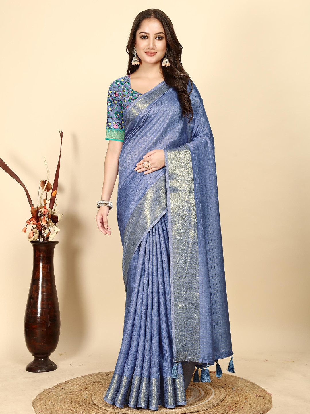 

J 6 DESIGNER Woven Design Zari Art Silk Block Print Saree, Blue