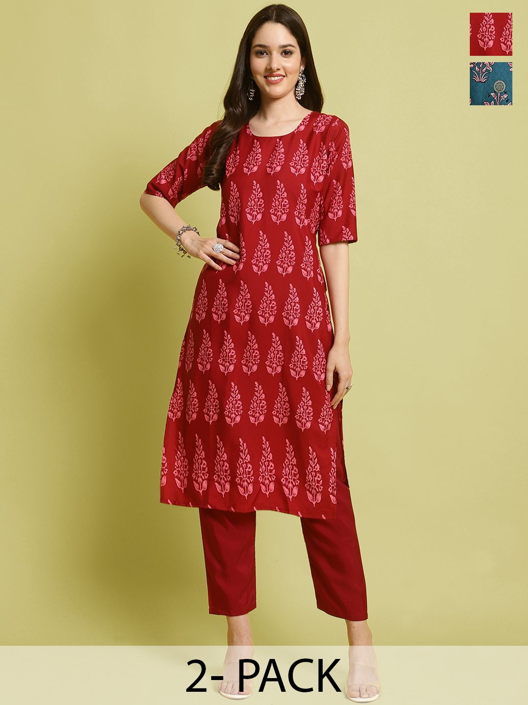 

7Threads Selection Of 2 Chevron Printed Straight Kurta With Trousers, Red