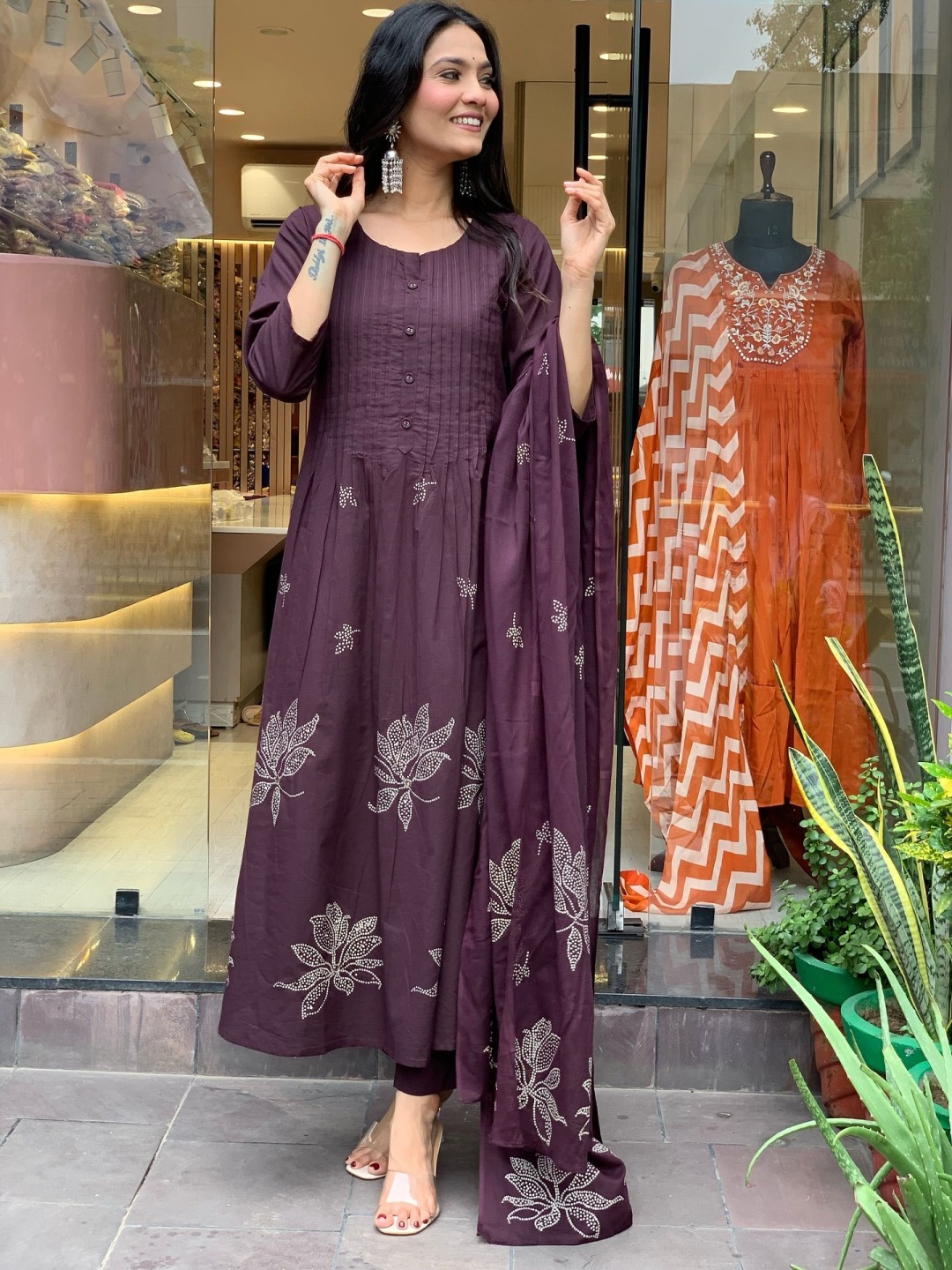 

GoSriKi Floral Printed Round Neck Anarkali Kurta With Trouser & Dupatta, Purple