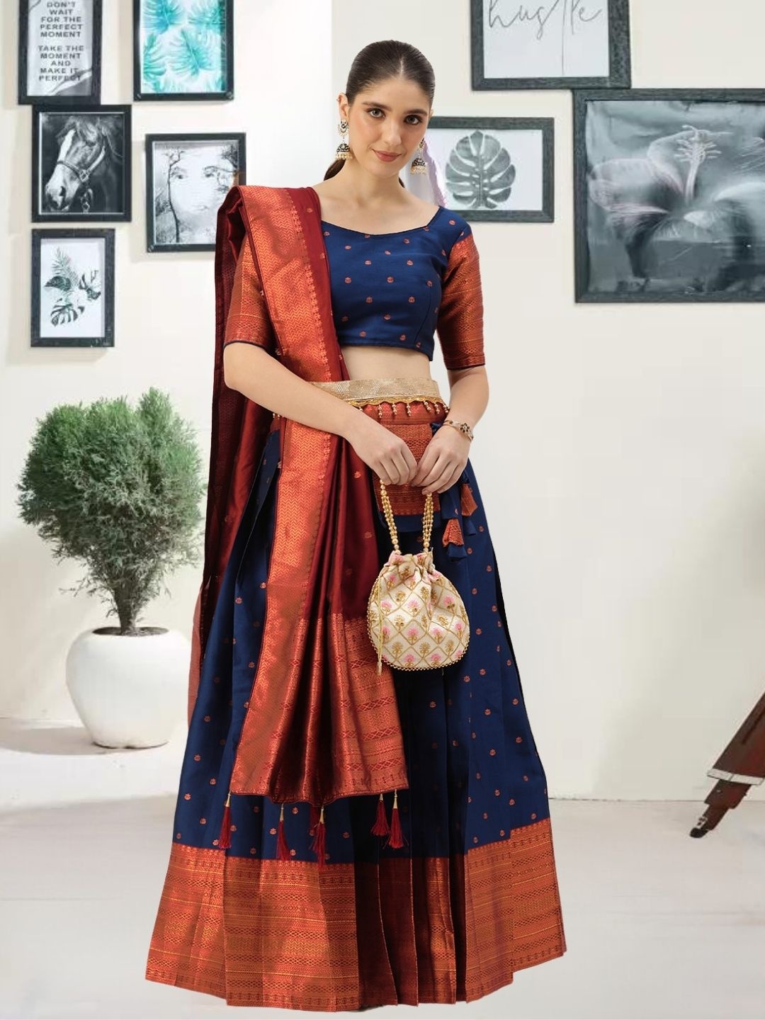 

MAGMINA Woven Design Zari Semi-Stitched Lehenga & Unstitched Blouse With Dupatta & Belt, Blue