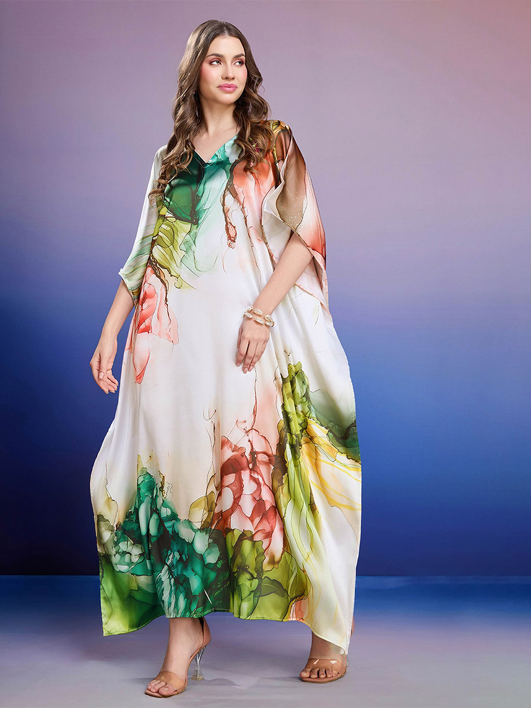 

LABEL AARNA Luminous Garden Soft Satin Kaftan with Digital Print, Off white