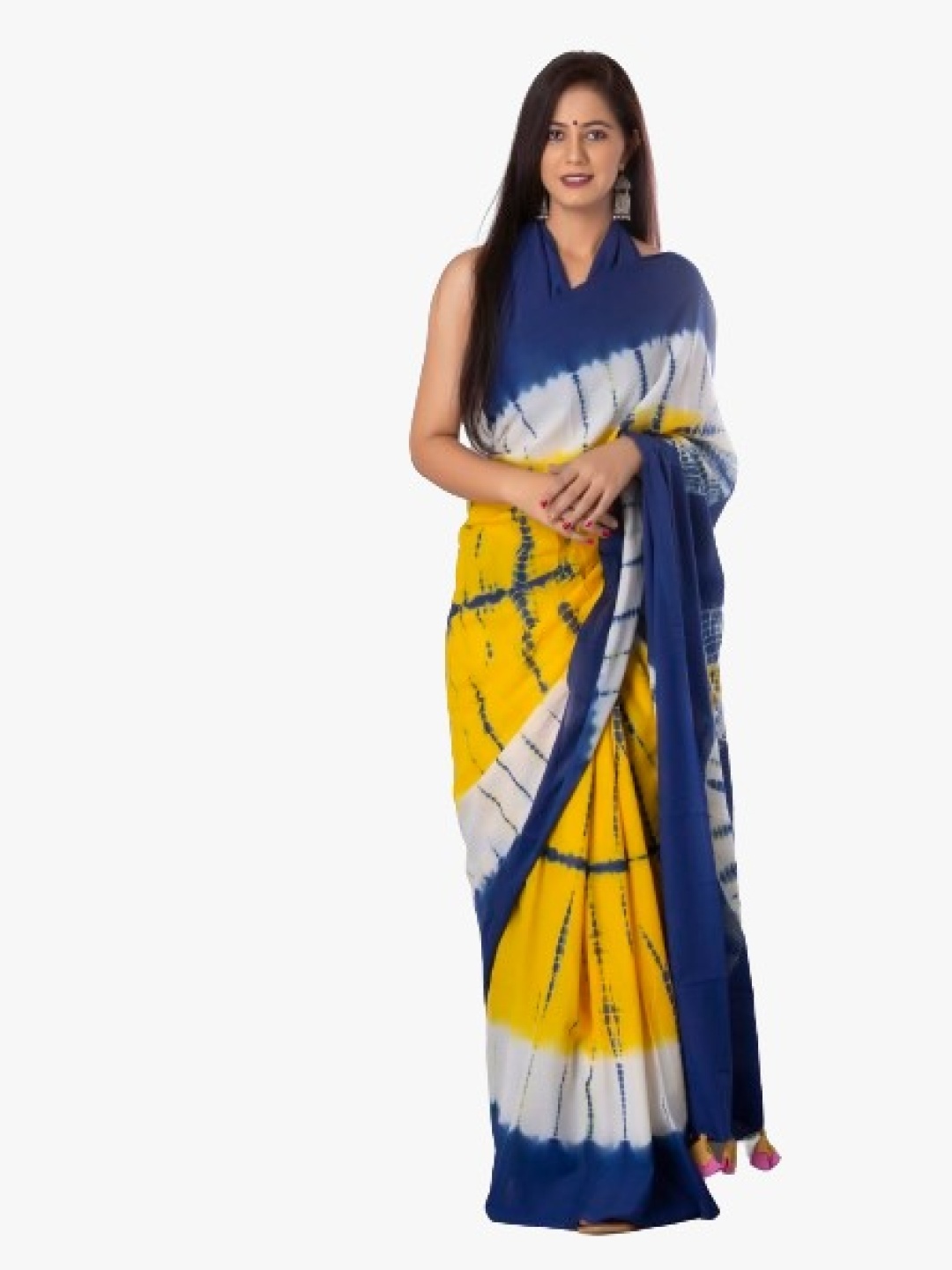 

TROPWEAR Tie and Dye Block Print Pure Cotton Saree, Yellow