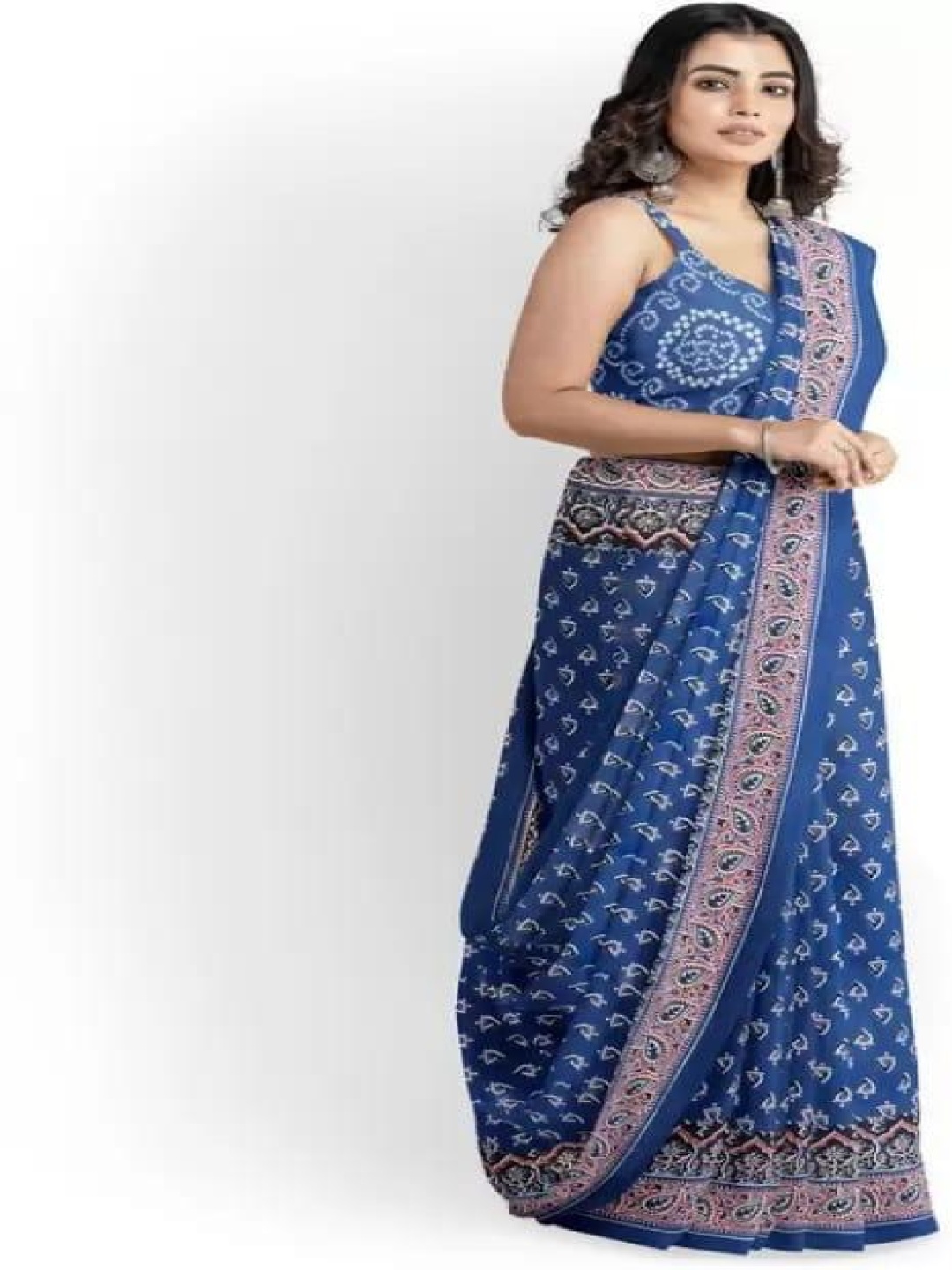 

TROPWEAR Ethnic Motifs Pure Cotton Block Print Saree, Blue