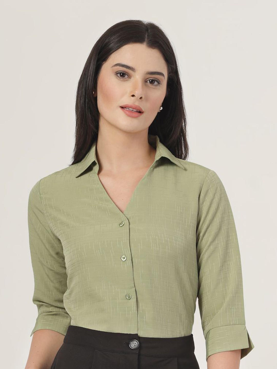 

Style Quotient Women Smart Fit Spread Collar Textured Formal Shirt, Green