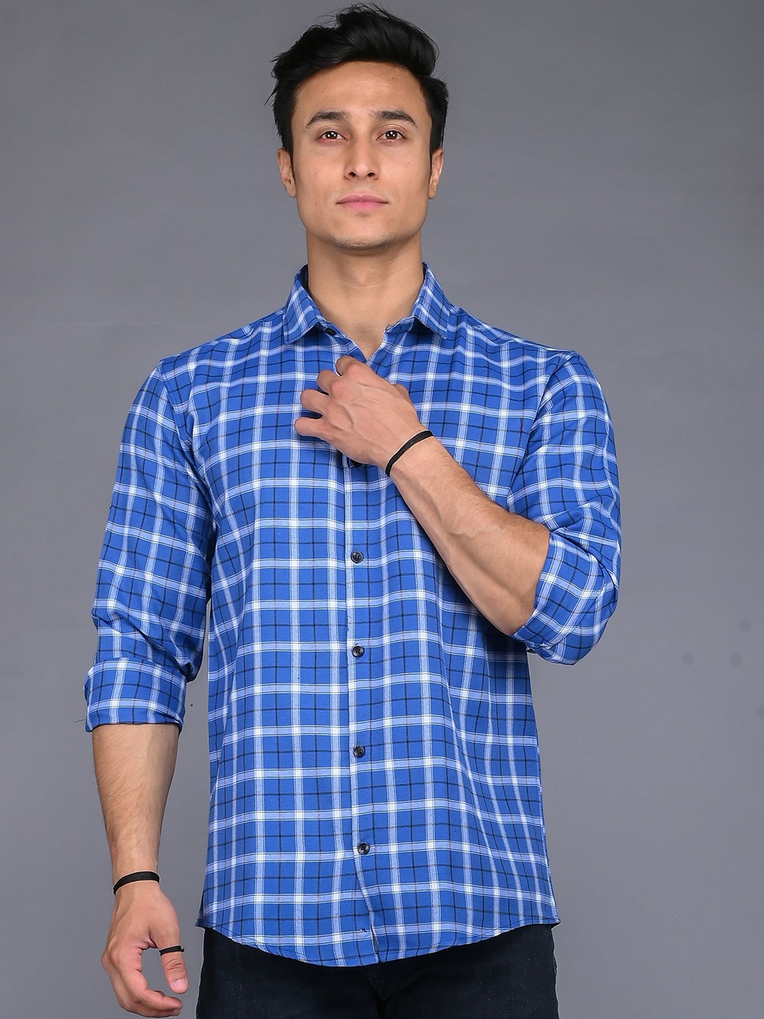 

Tanip Men Spread Collar Tartan Checked Cotton Casual Shirt, Blue