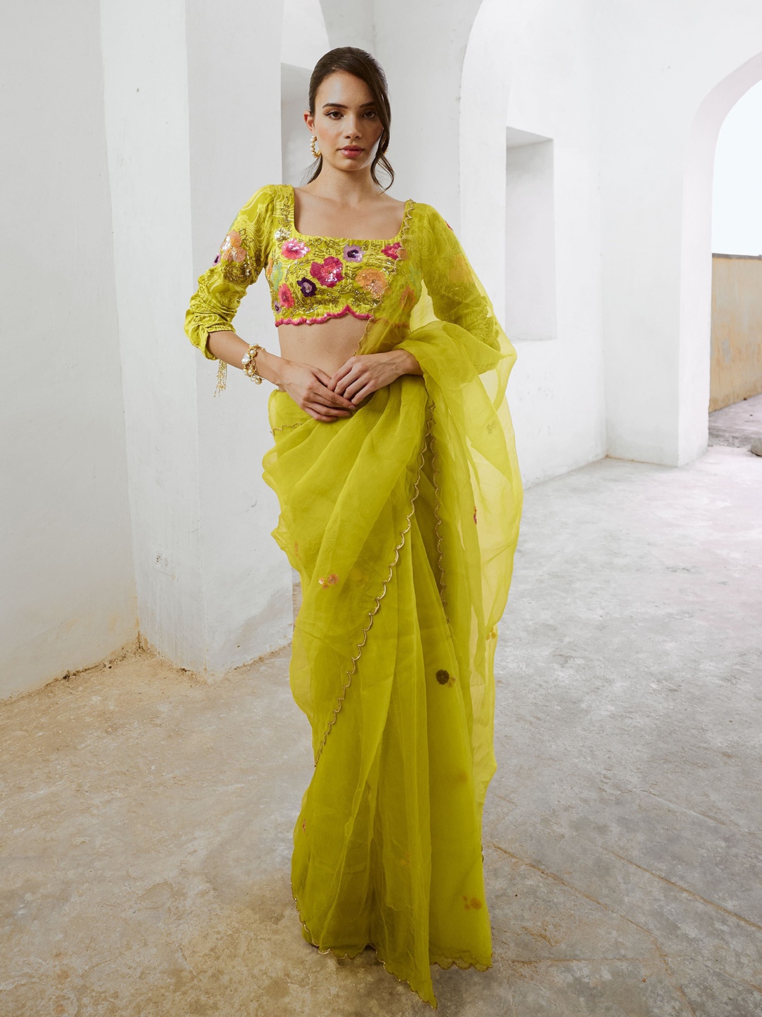 

Pallavi Jaipur Organza Saree, Lime green