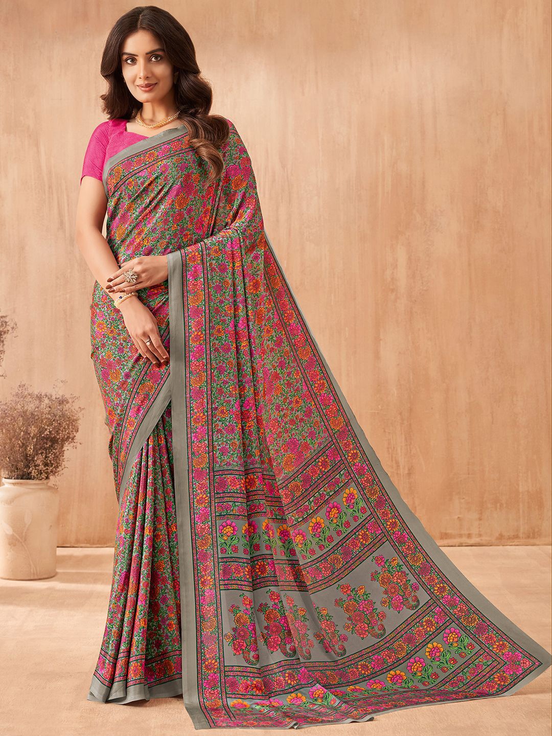 

Panzora Floral Poly Crepe Designer Saree, Pink