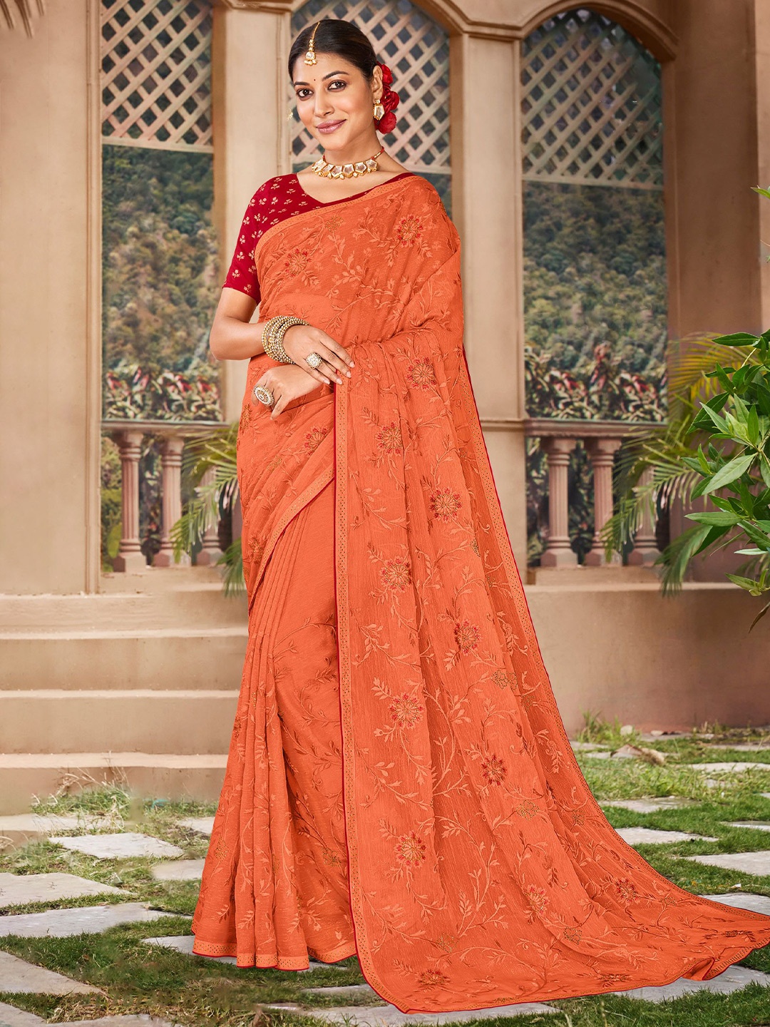 

Laxmipati Floral Embroidered Poly Chiffon Saree, Orange