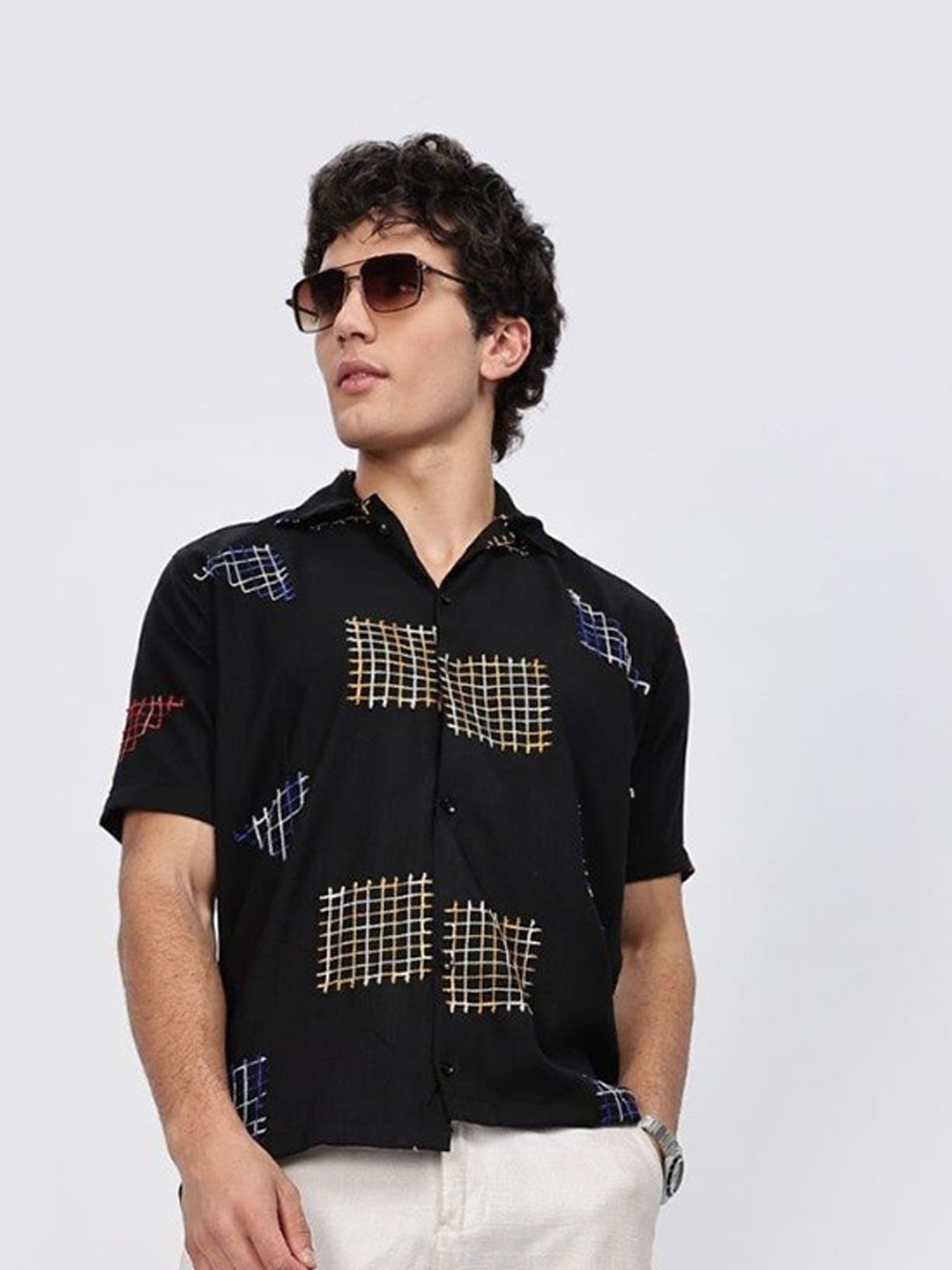 

TBS- THE BARGAIN STREET Men Classic Spread Collar Geometric Printed Cotton Casual Shirt, Black
