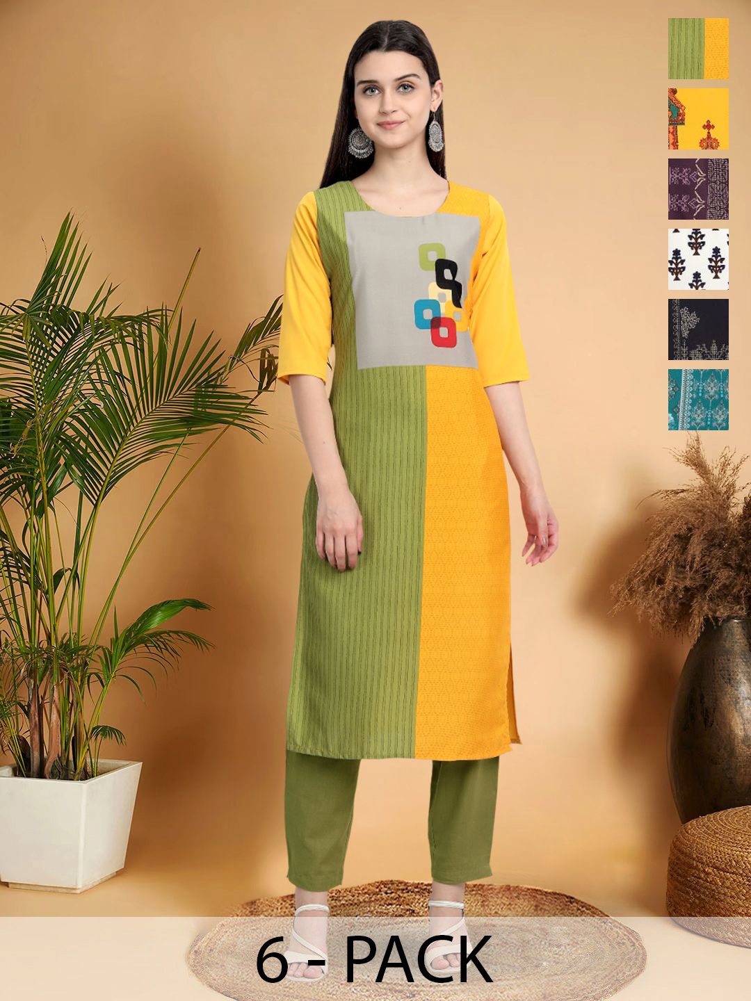 

7Threads Selection Of 6 Colourblocked Round Neck Straight Kurtas, Yellow