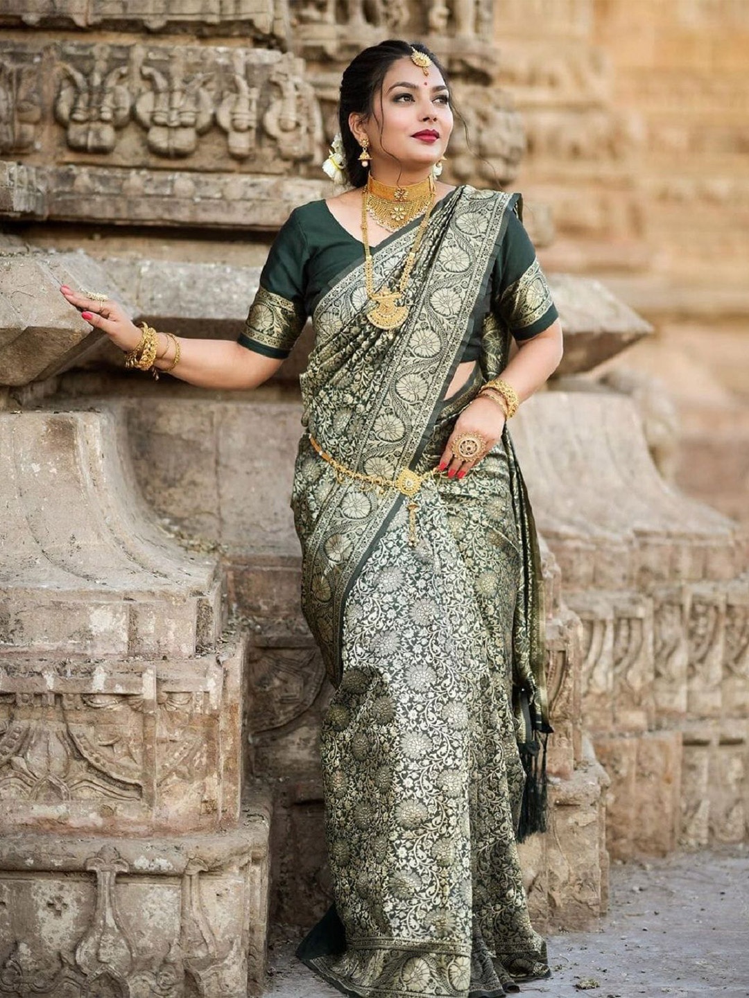 

A TO Z CART Woven Design Zari Pure Silk Kanjeevaram Saree, Green