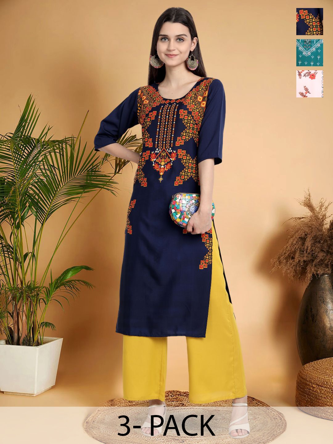 

7Threads Selection Of 3 Ethnic Motifs Printed Round Neck Straight Kurtas, Navy blue