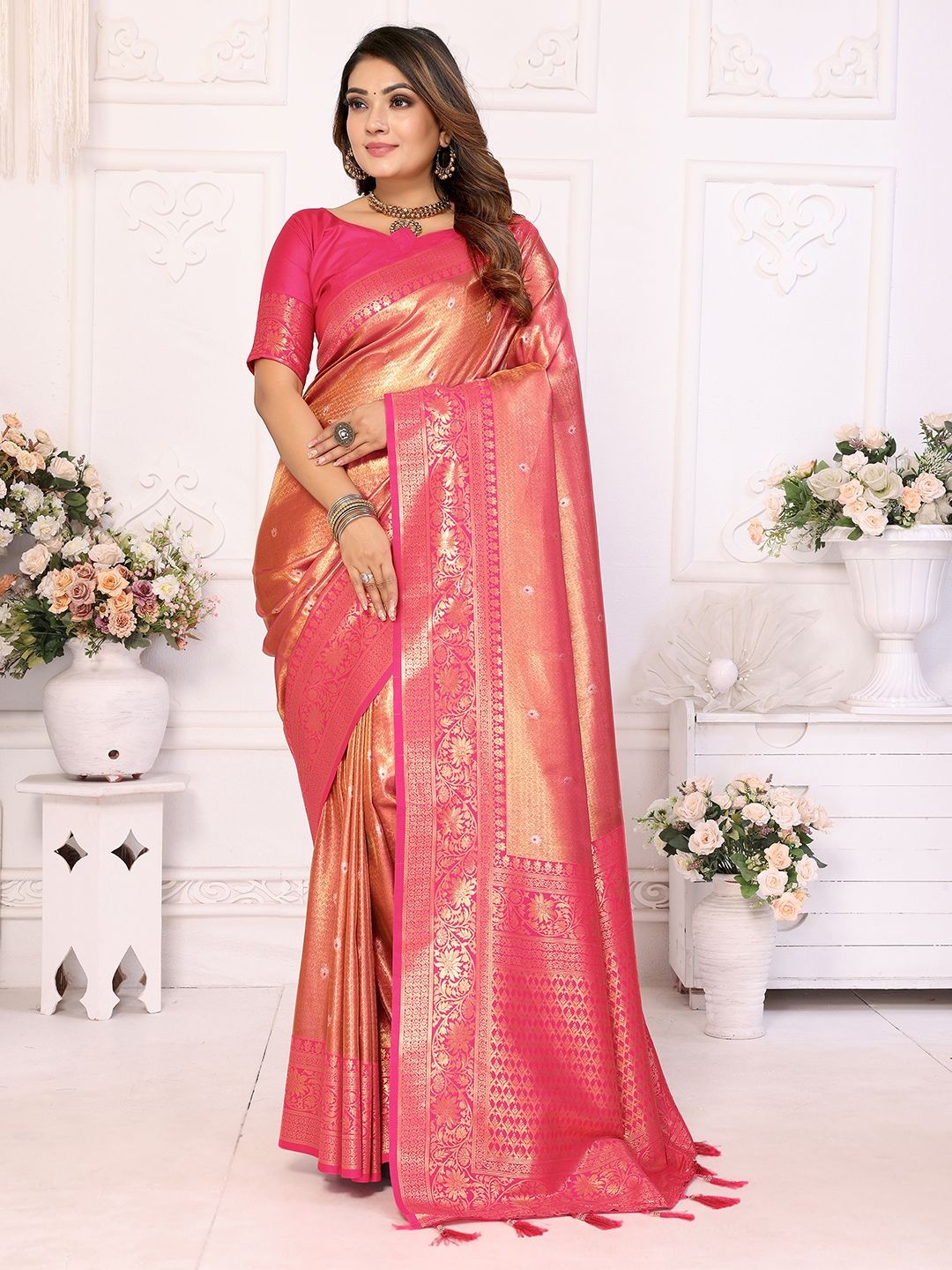 

Mitera Embellished Zari Silk Blend Designer Banarasi Saree, Pink