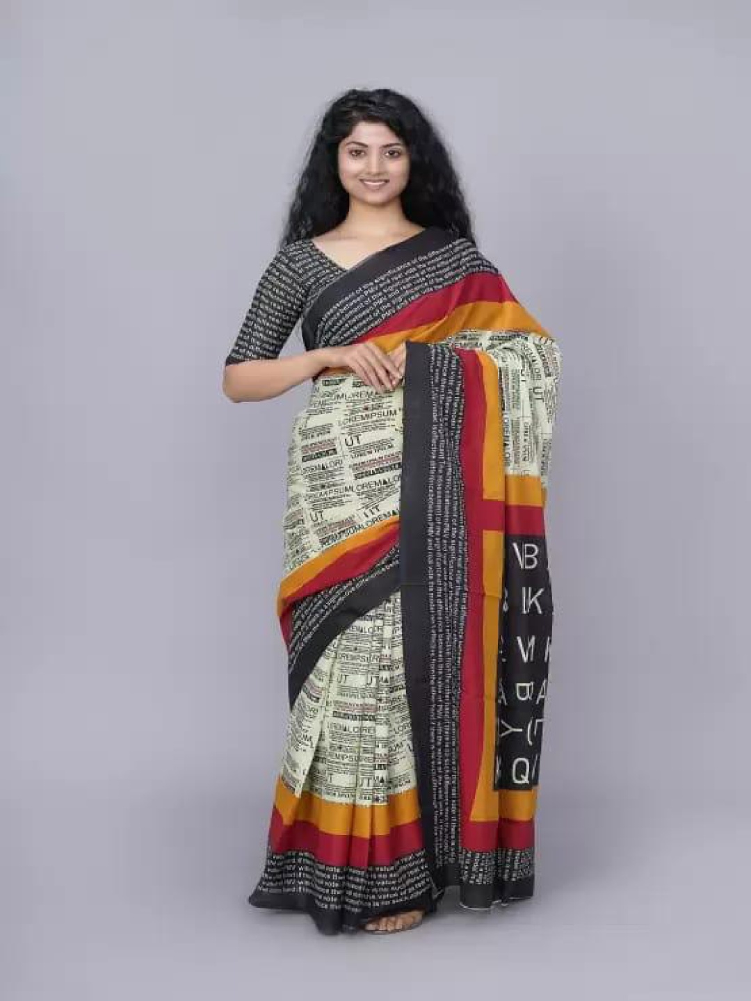 

TROPWEAR Ethnic Motifs Linen Blend Block Print Saree, Cream