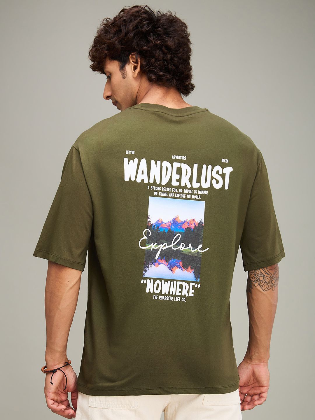 

The Roadster Lifestyle Co. Men Graphic Printed Round Neck Cotton Relaxed Fit T-shirt, Olive