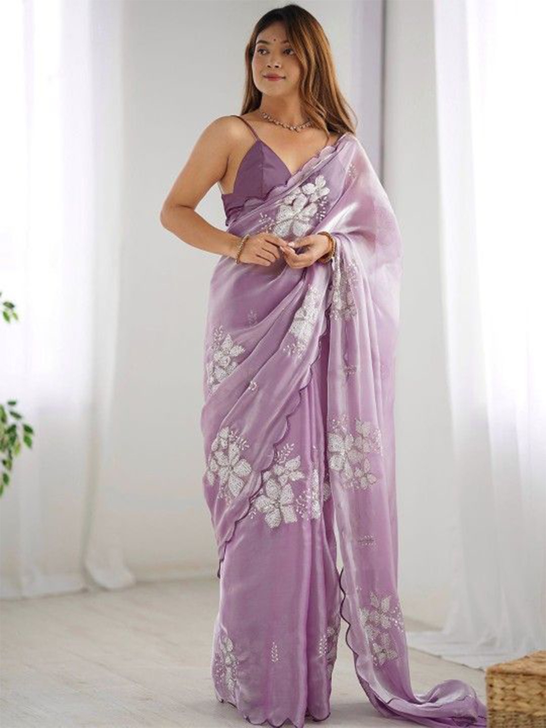 

LeeliPeeri Designer Floral Sequinned Pure Chiffon Saree, Lavender