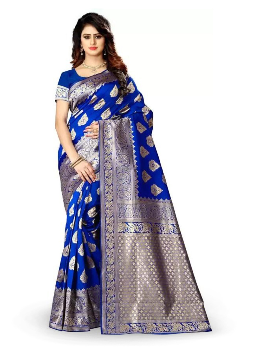 

SAADHVI Floral Zari Pure Silk Designer Kanjeevaram Saree, Blue
