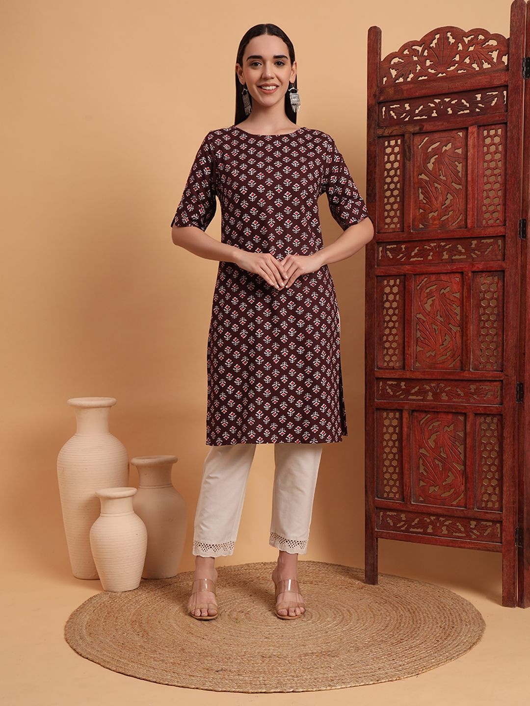 

Anouk Rustic Floral Printed Round Neck Straight Kurta, Brown