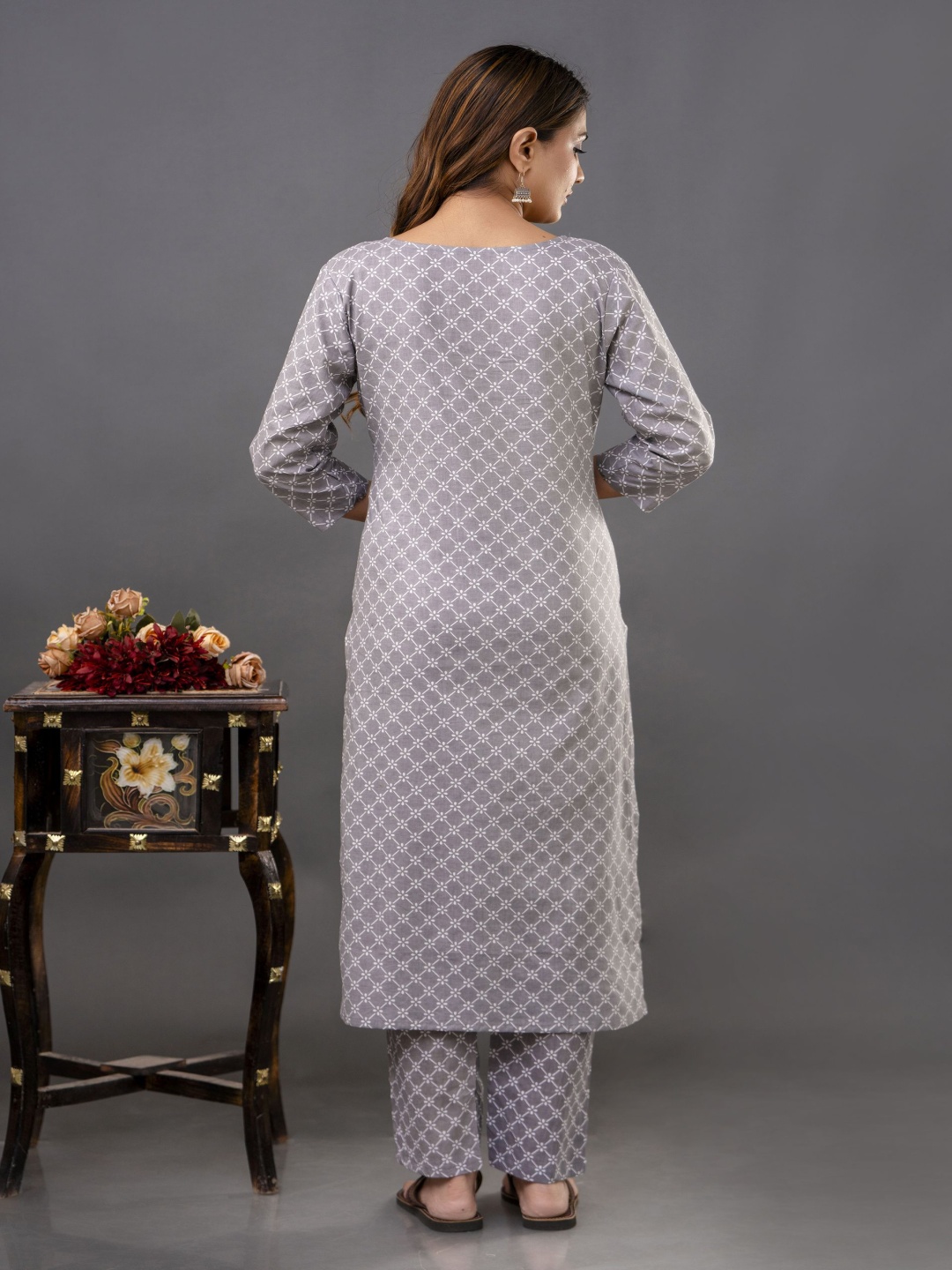 

Shivaradhya Designers Women Printed Regular Pure Cotton Kurta with Trousers & With Dupatta, Grey