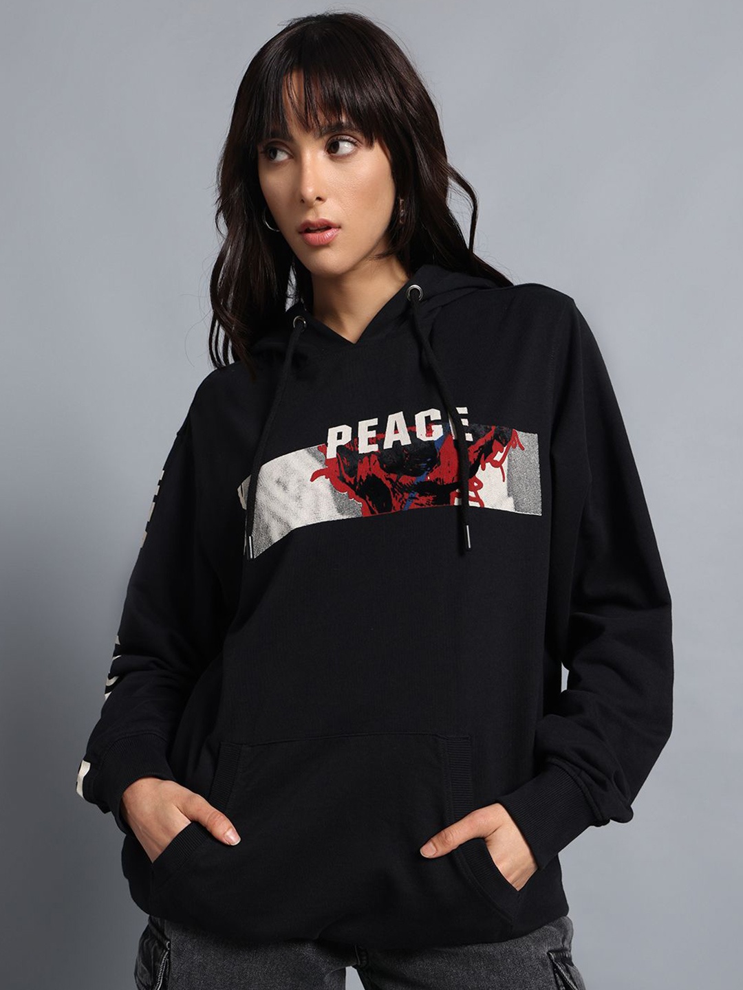 

PUNK Women Printed Hooded Sweatshirt, Black