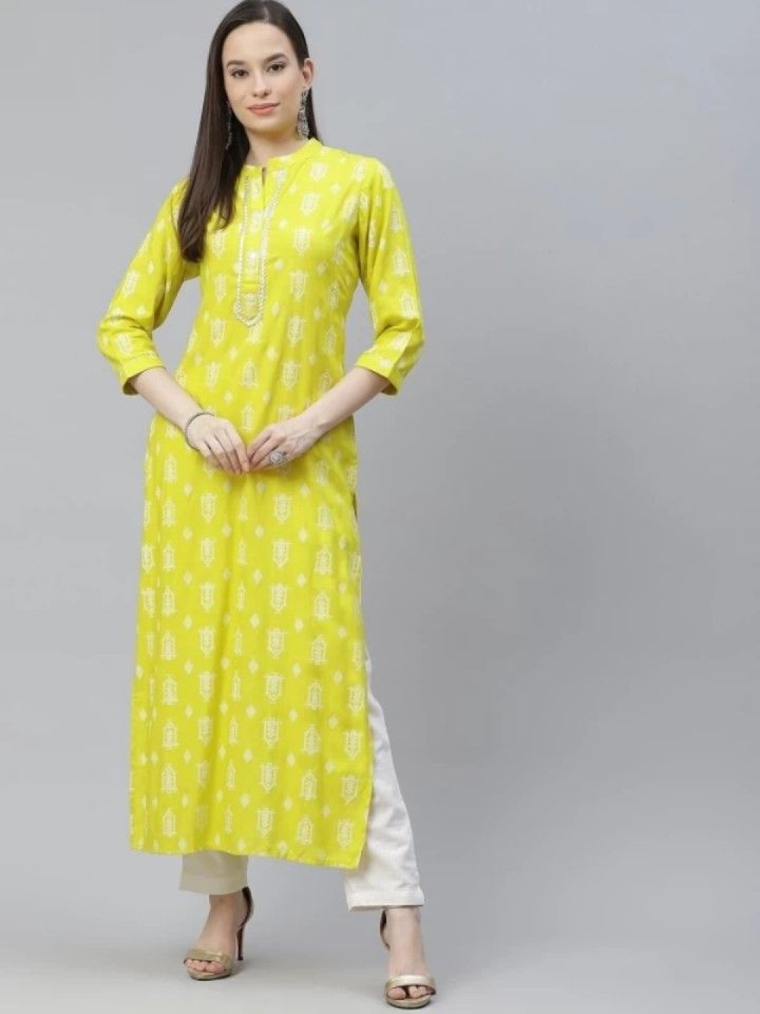 

Kraniky Apparels Women Checked Flared Sleeves Thread Work Anarkali Kurta, Lime green